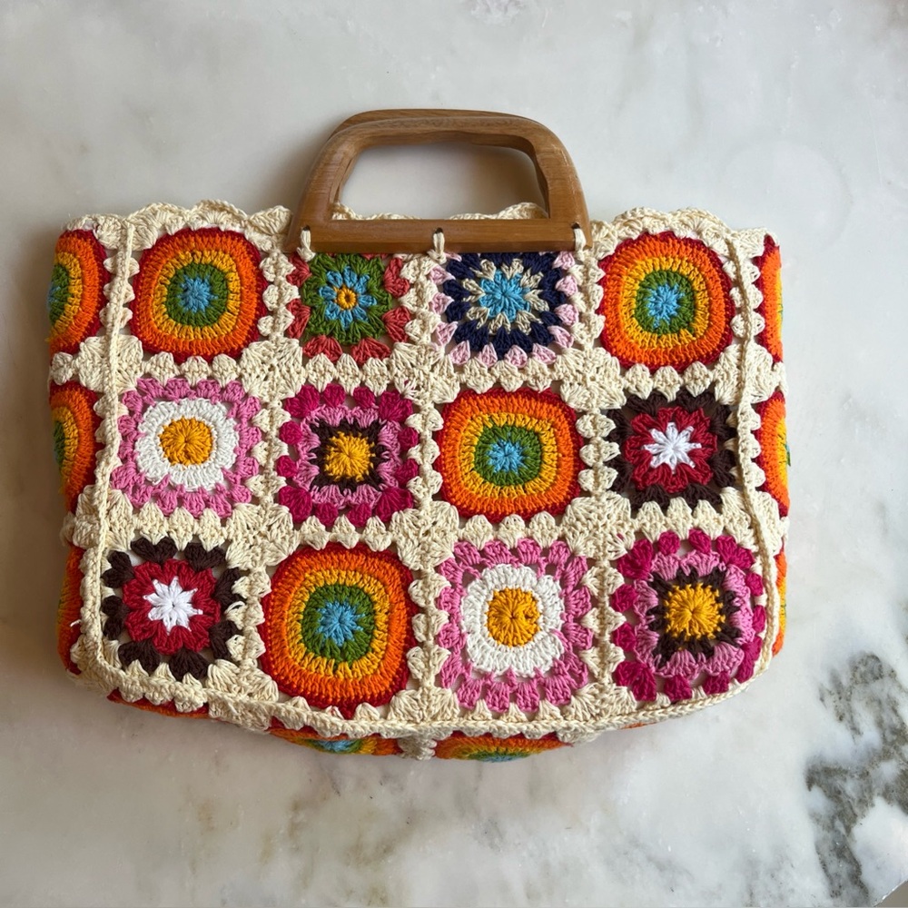 Street Level Crochet Granny Square Tote Boho Wooden Handles